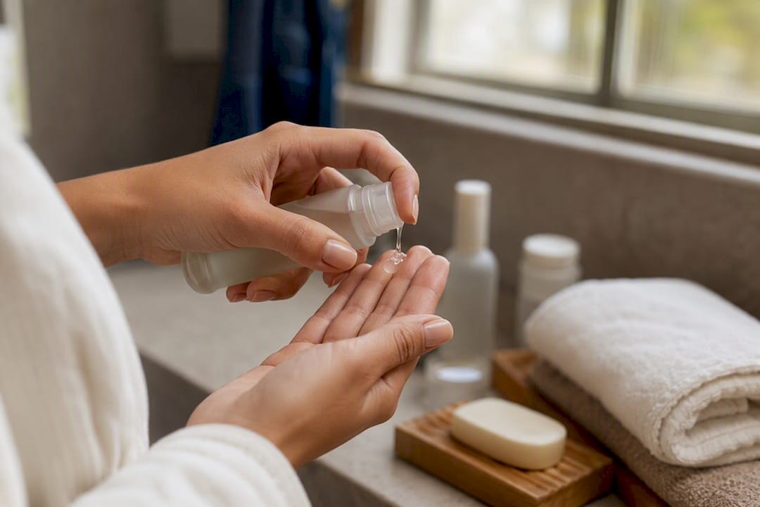 Hands dispensing non-comedogenic serum gel