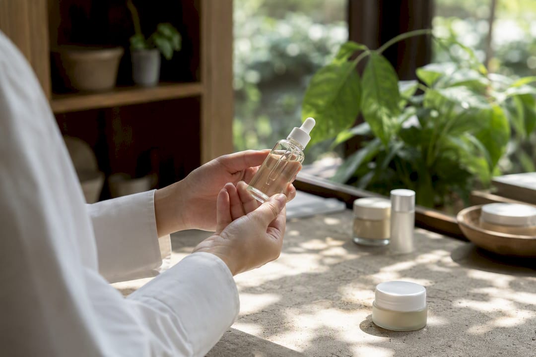 Hands inspecting skincare serum bottle