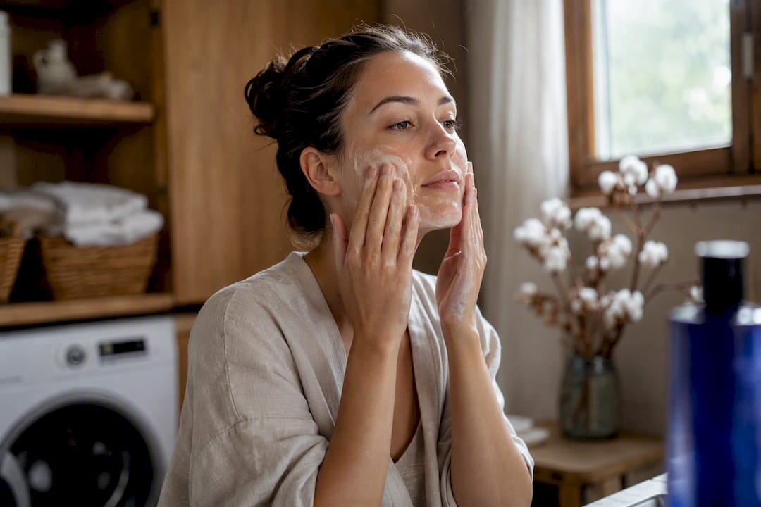Hands gently patting moisturizer on damp skin
