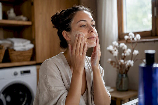 Hands gently patting moisturizer on damp skin