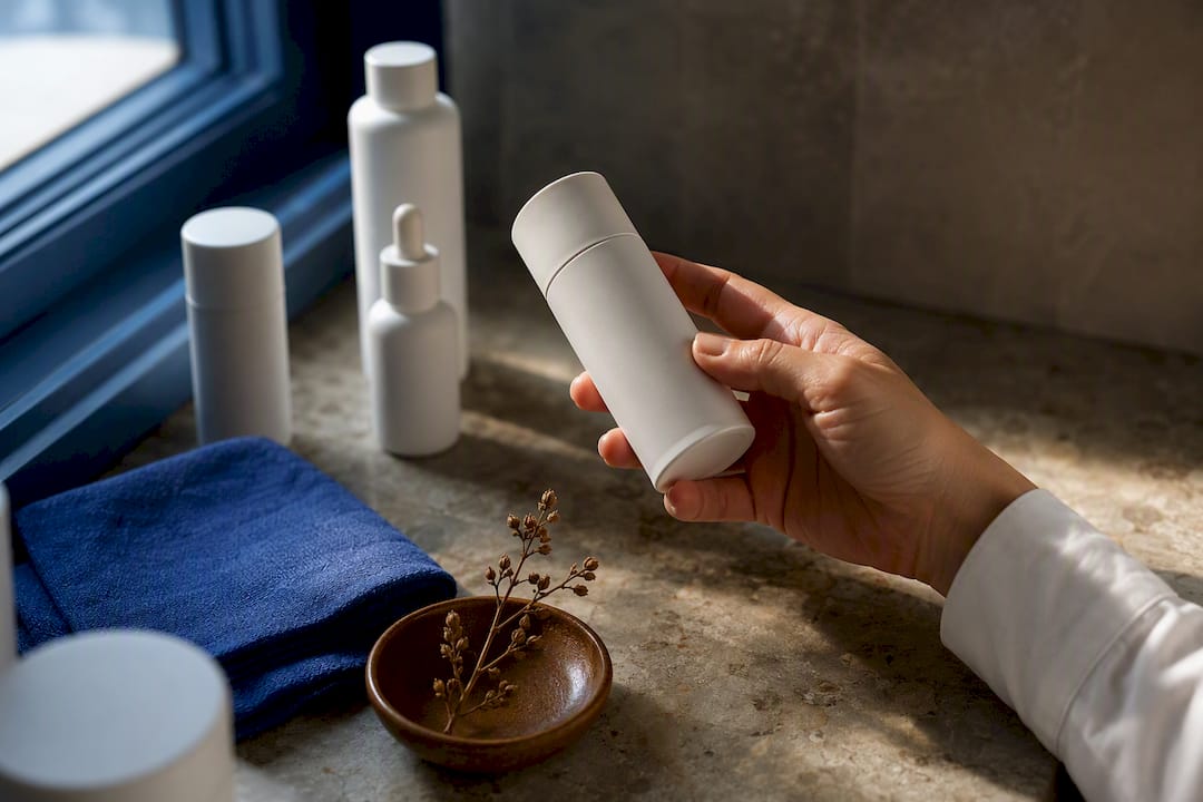 Hand inspecting anonymous skincare ingredient container