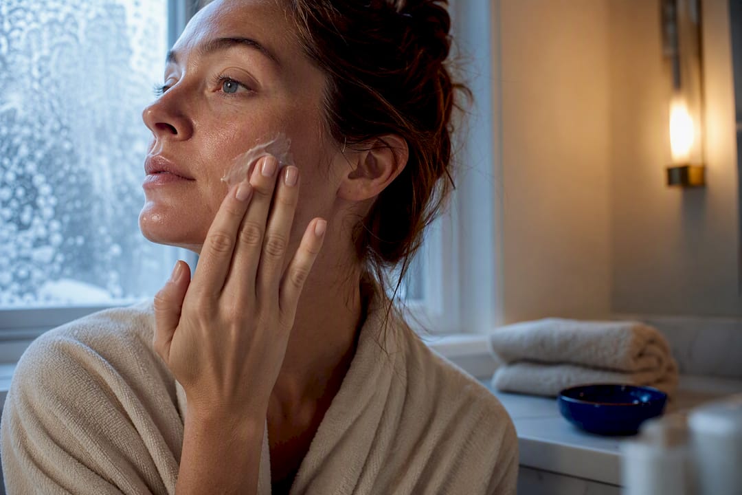 Person applying moisturizer beside frosted window