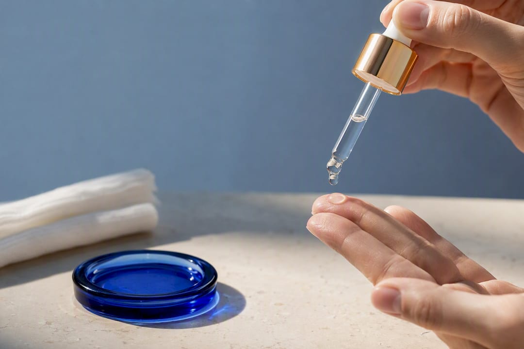 Anonymous serum drop applied to fingertips