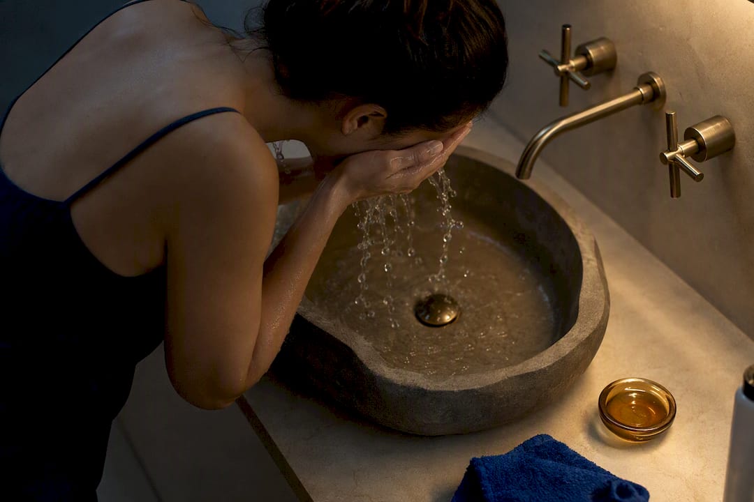 Person rinsing face during evening cleansing