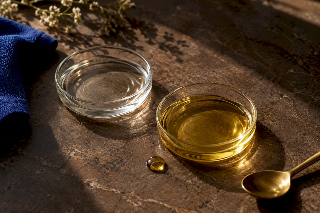 Squalane and jojoba oil textures in glass dishes