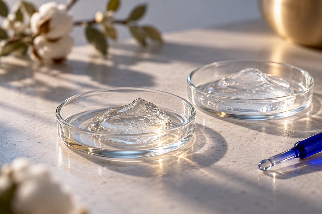Clear hydration gels representing glycerin and hyaluronic acid