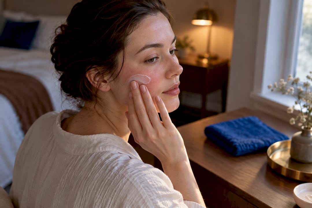 Gentle moisturizer application on sensitive flushed skin