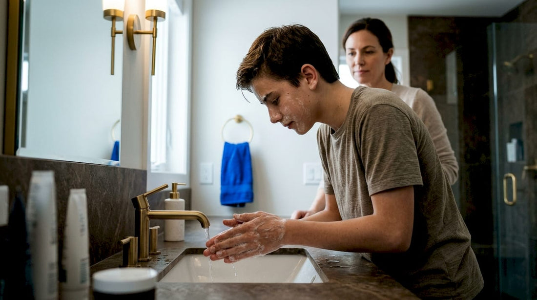 Parent guiding teen through skincare routine