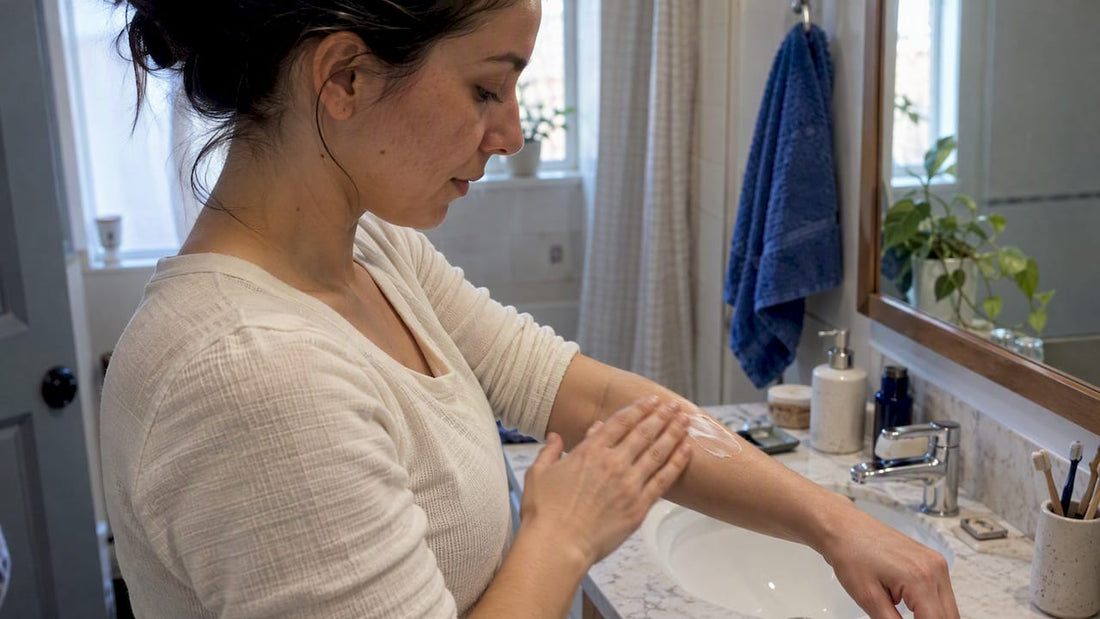 Woman applying moisturizer to her forearm