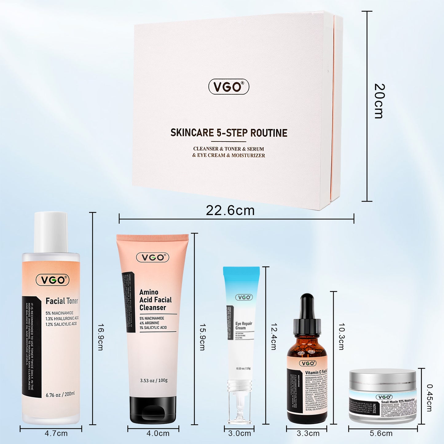 SKINCARE 5-STEP ROUTINE CLEANSER - TONER - SERUM -EYE CREAM - MOISTURIZER